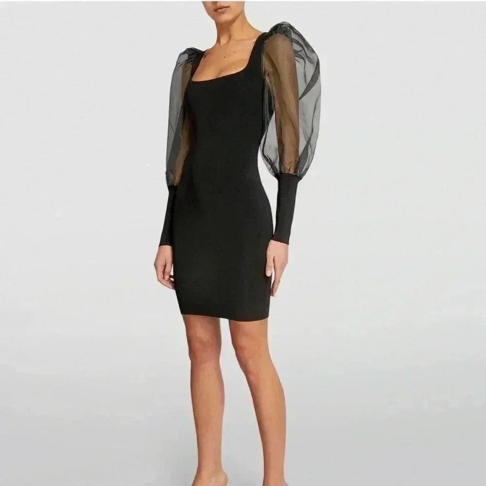 New Alice + Olivia Abella Puff Sleeve Mini Black Dress Sz S